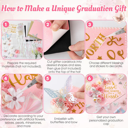 Dunzoom Pink 80 Pcs DIY Graduation Cap Decorations Kit Faux Flower Heads 3D Butterfly Stickers Bow Pearl Rhinestone Stickers Glitter Paper and Ribbon Bows for 2026 Grad Cap Topper Graduation Party
