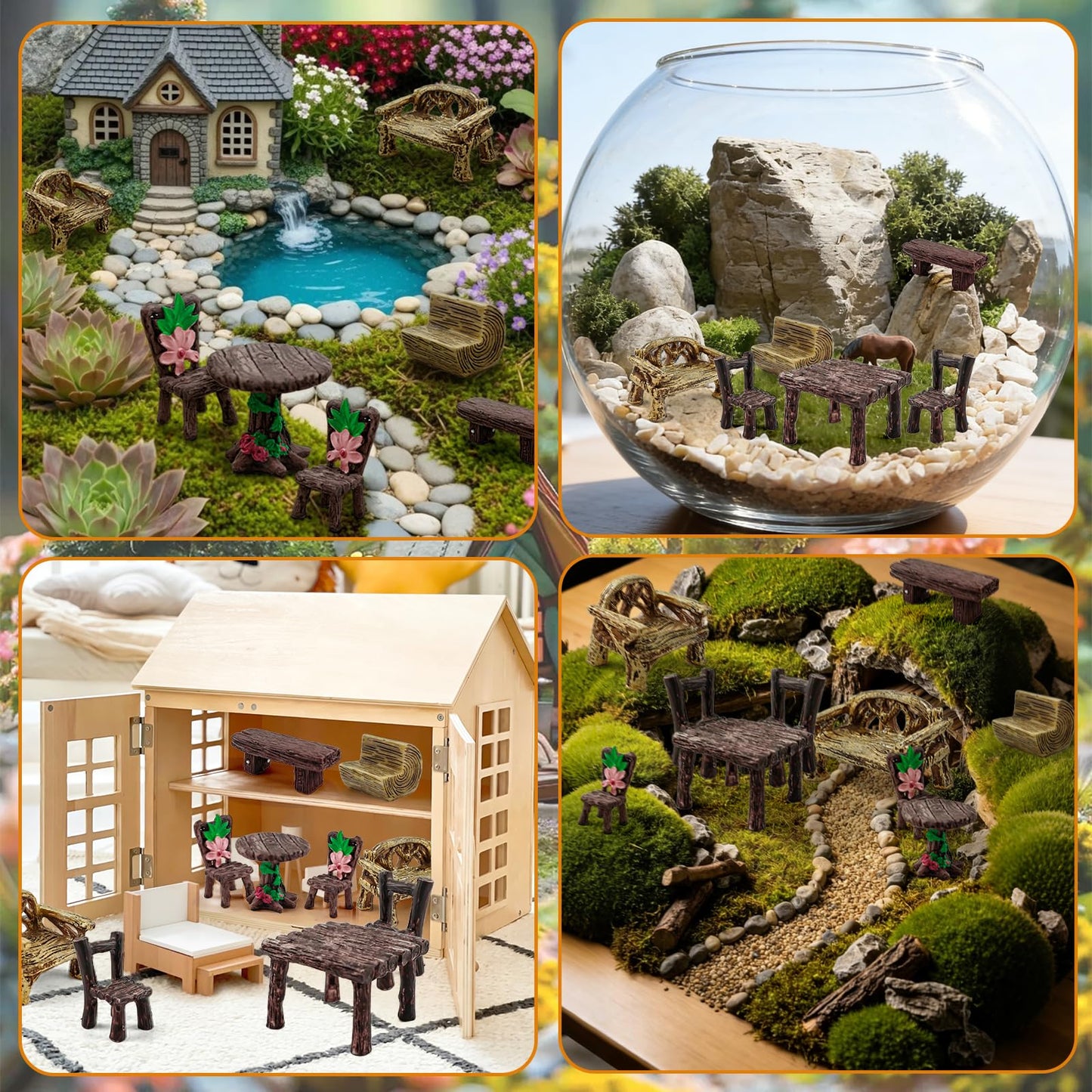 Morofme 10 Pcs Mini Garden Furniture Ornaments Miniature Table and Chairs Resin Bench Chair Kit Garden Furniture Accessories for Cake Topper Micro Landscape DIY Craft Succulent Flower Pot Decorations