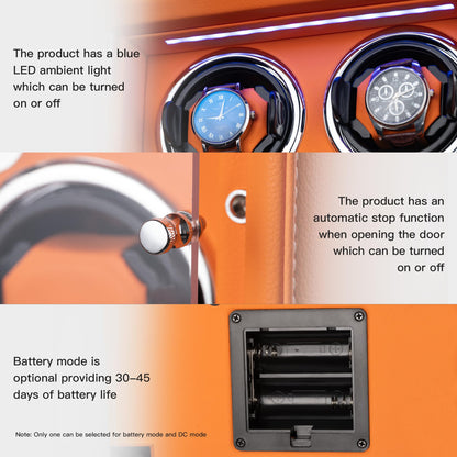 KOHUDIS Watch Winder for 2/4/6/9 Automatic Watches, high-end Leather Making, Super Quiet Mabuchi Motor, Two Power Modes, Built-in led Lights (Black, 4 Slots)