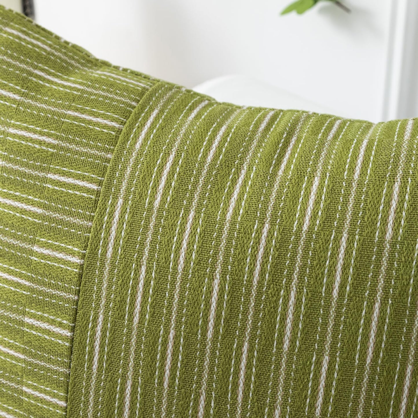 18x18, Set 2, Kevin Textile Light Green and Beige Farmhouse Striped Patchwork Linen Spring Decorative Throw Pillows