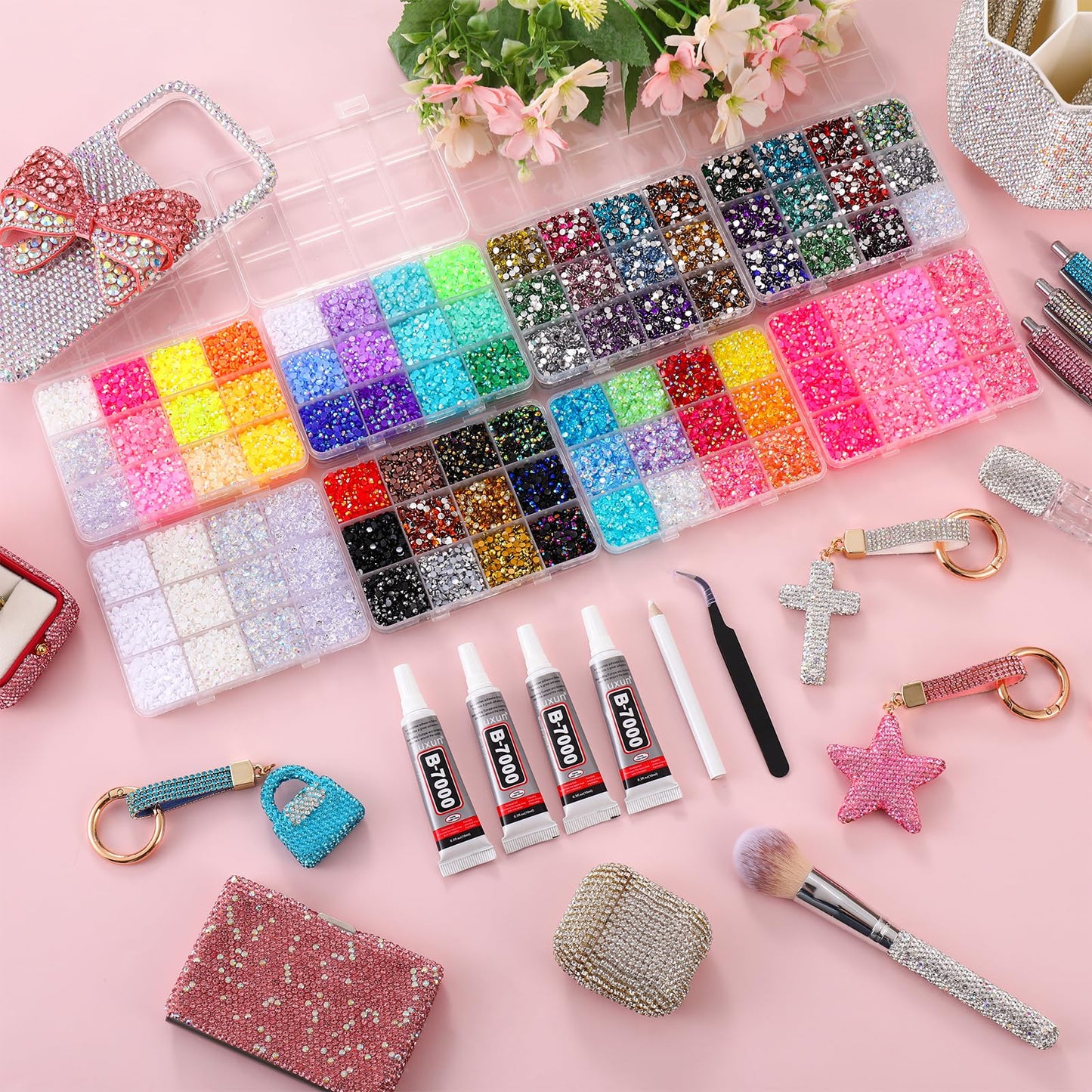 LERBOU 60000PCS Bedazzling Kit with 8 Boxes, 3mm Flatback Resin Rhinestones, Sparkling Gems Set for Nail Art, Crafts, Clothing, Fabric, Phone Case, Tumbler, Shoes & DIY Decoration