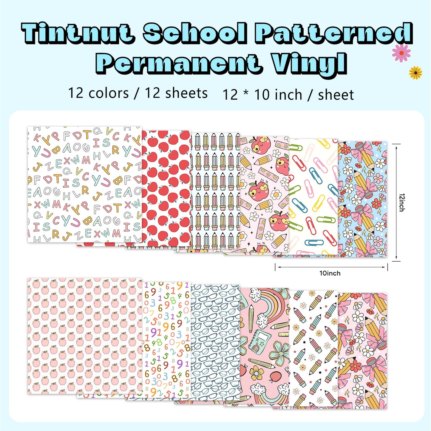 Tintnut Teacher Permanent Vinyl - 12 Sheets 12"x10" School Patterned Permanent Adhesive Vinyl for Cutting Machine,Home Decor Self Sticker