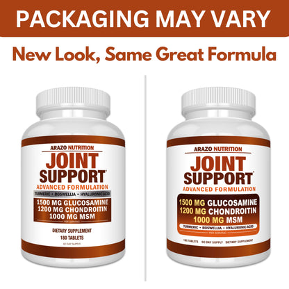 Arazo Nutrition Glucosamine Chondroitin Turmeric Msm Boswellia - Joint Support Supplement for Relief 180 Tablets for Bones, Back, Knees, Hands (180 Tablets)