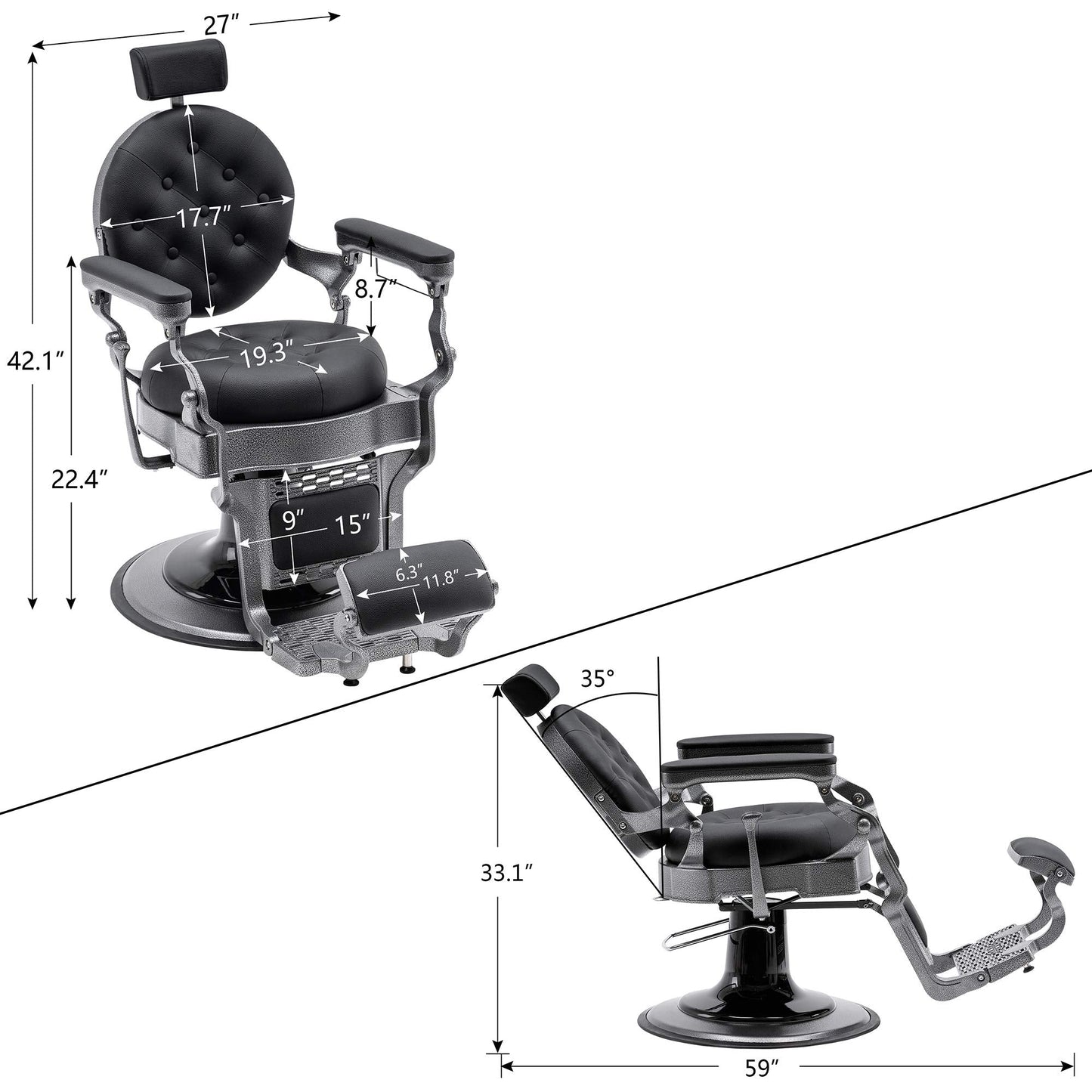 BarberPub Vintage Barber Chair Heavy Duty Metal Frame All Purpose Hydraulic Recline Salon Beauty Spa Equipment 2947 (Black with Grey Frame)