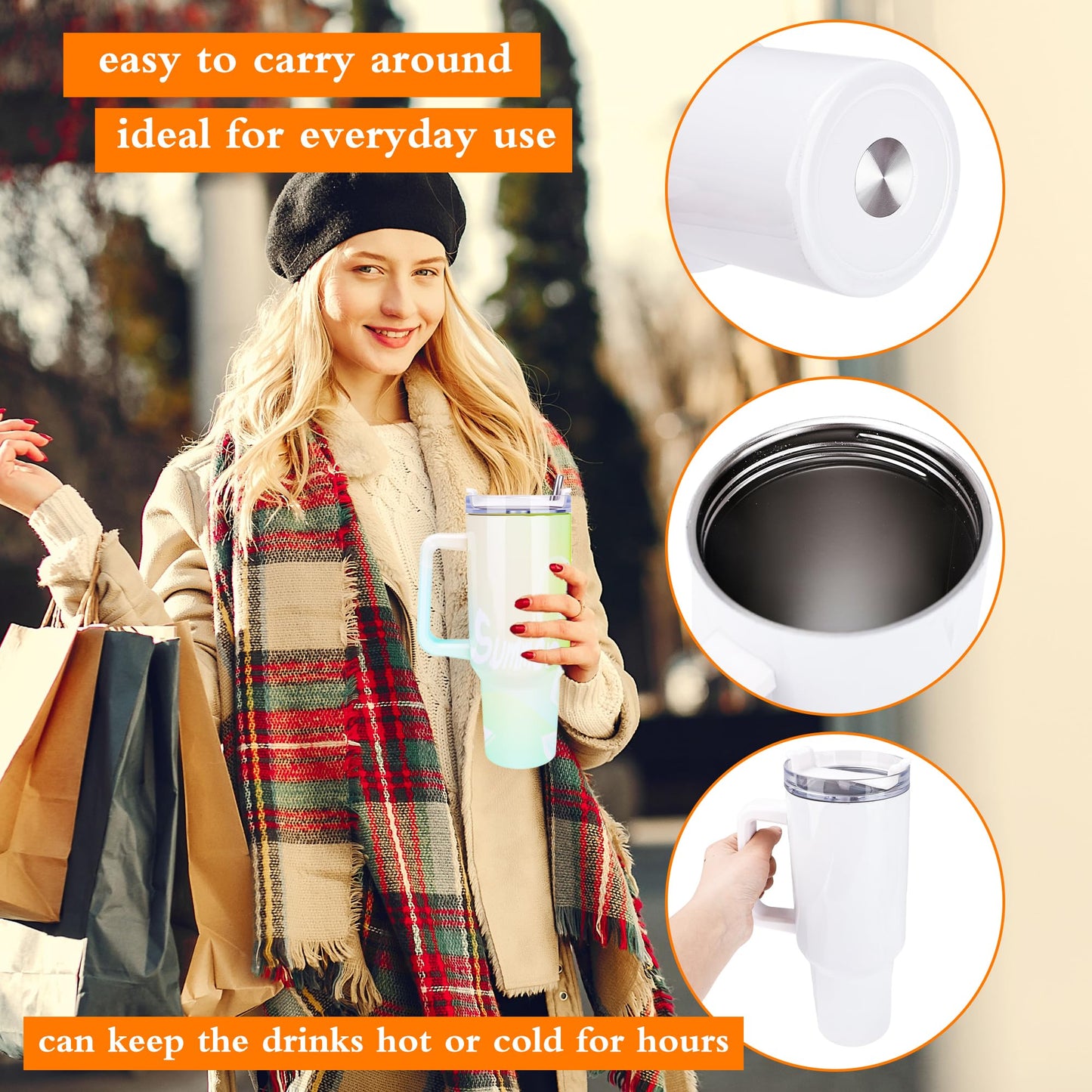 Fallhork 3 Pack 40 oz Sublimation Tumblers with Handle and Straw Lid Stainless Steel Blanks White Large Tumblers Coffee Cup for DIY Craft Heat Press Print