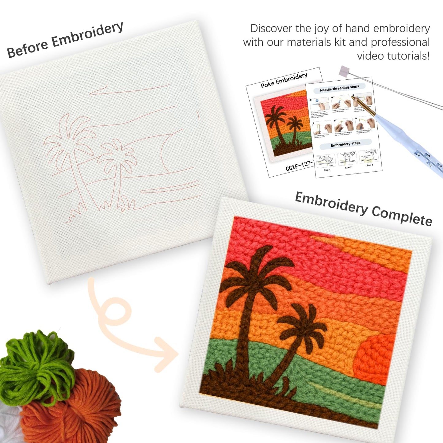 SDOYUNO Punch Needle Kit with Frame for Adults Beginners Kits 9.84 x 9.84 Inch Embroidery Starter Kits Punch Needle Kit with Sunset Beach Pattern, Threader, Yarns, Rug Punch, DIY Craft Kits (Green)