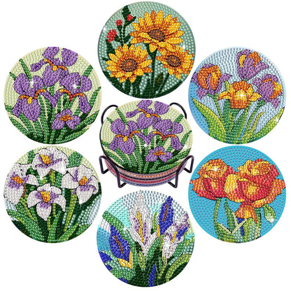Leatrice 6PCS Flower Diamond Art Coasters Small Diamond Painting Kits for Adults Diamond Dots Round Full Drill Diamond Coasters with Holder Easy Art Crafts for Beginners Women
