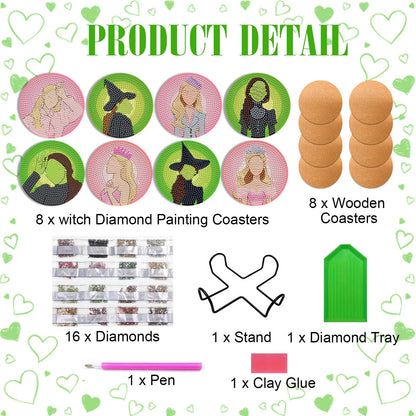 8Pcs Witch Diamond Art Coasters Kit Pink Green Diamond Painting Coasters Kit with Holder Fun DIY Diamond Art Craft for Adults Gifts Office Home Decor Supplies