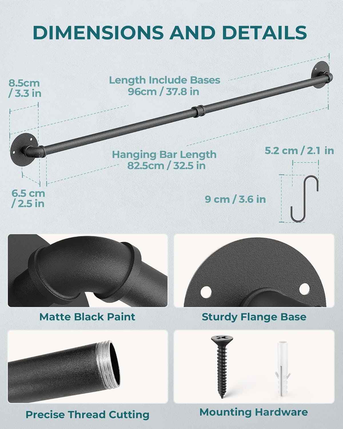 OROPY 38 Inch Pot Bar Rack - Wall Mounted Detachable Pans Hanging Rail with 14 S Hooks, Black