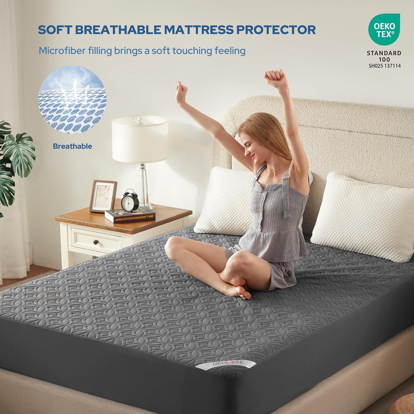 BEDLORE Waterproof Mattress Protector - Full Size Deep Pocket Pad (6"-15" Depth) - Soft & Breathable Gray Cover