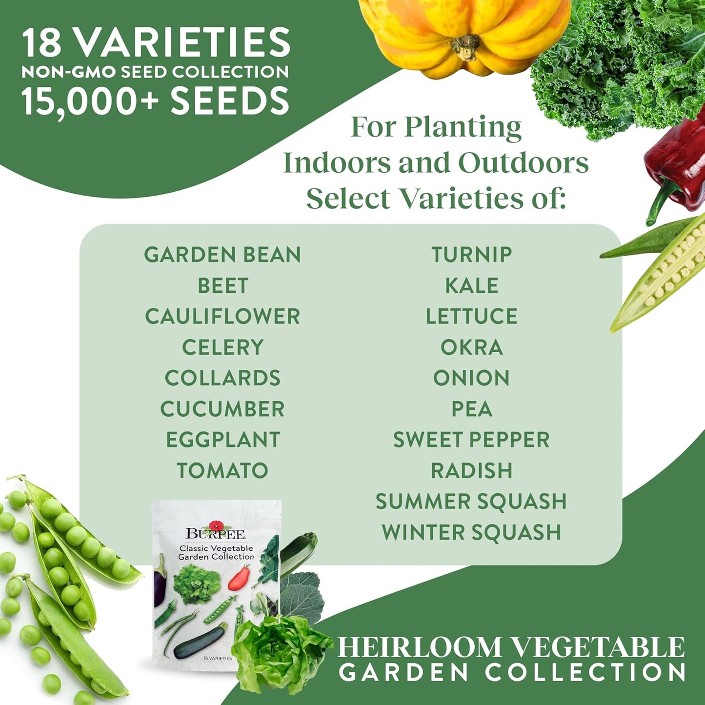 15,000+ Burpee Heirloom Vegetable Seeds - Seeds - Beans, Beets, Cauliflower, Celery, Collards, Cucumber, Eggplant