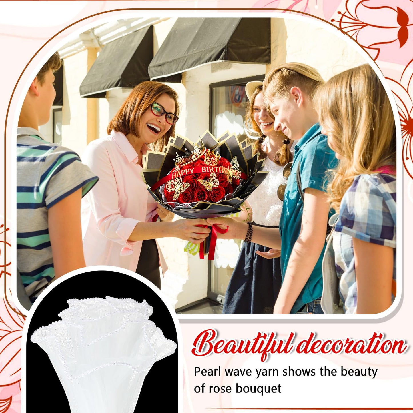 Thiccywoov 50 Pcs Glitter Roses Bouquet Graduation Artificial Rose DIY Flower Bouquet Kit Flower Wrapping Paper 3D Butterflies Crowns for Mom Mother Teacher Birthday (Red)