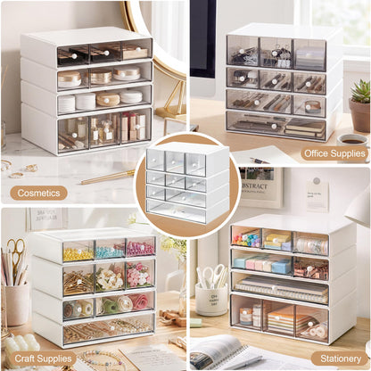 AZ. MIFENO Desk Organizer with 9 Drawers, 4 Tiers Stackable Storage Drawers, Desktop Storage Box with Clear Drawers for Stationery, Makeup, Jewelry, Office and Craft Supplies (White)