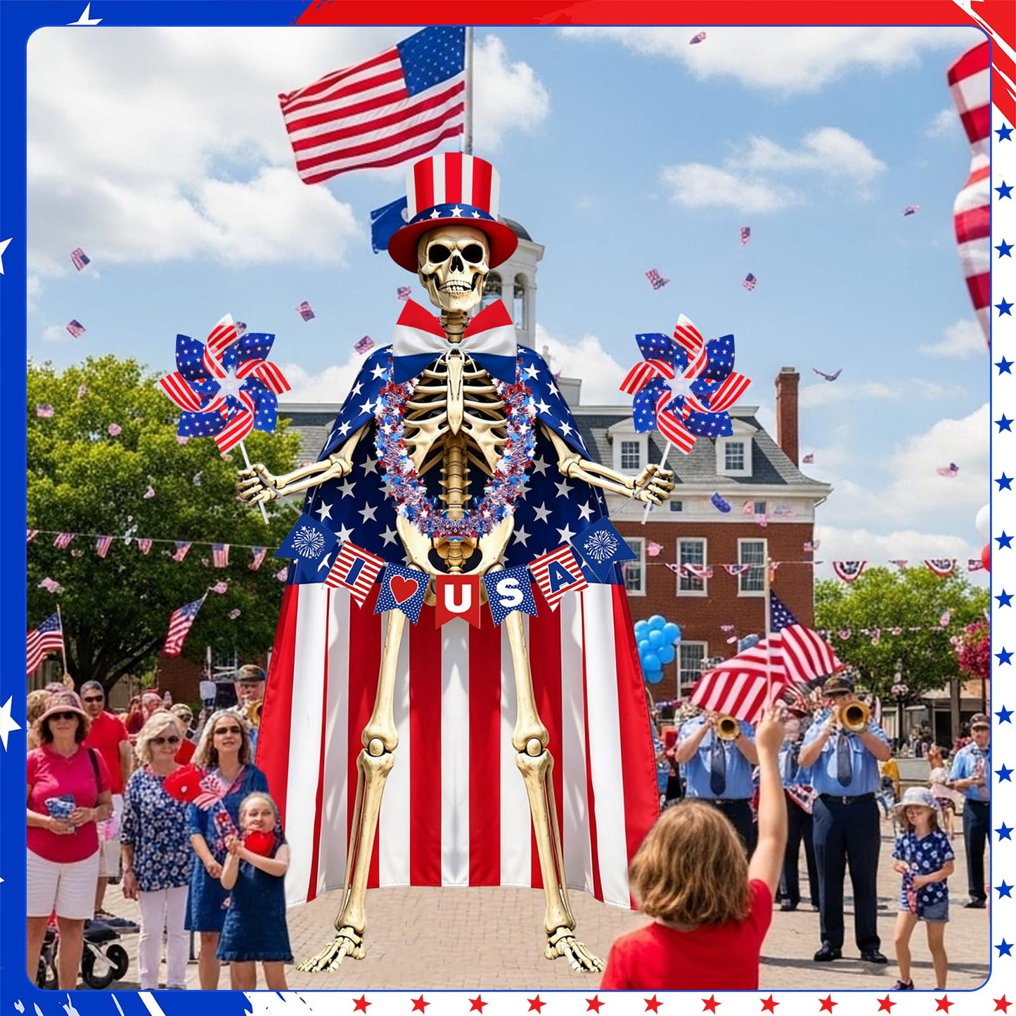 8 Pcs 4th of July 12 Ft Skeleton Costume Set Skeleton Clothes Accessories Independence Day Hat Tie Garland American Flag Cape Banner Pinwheels for 250th Anniversary Patriotic Garden Lawn Outdoor Decor