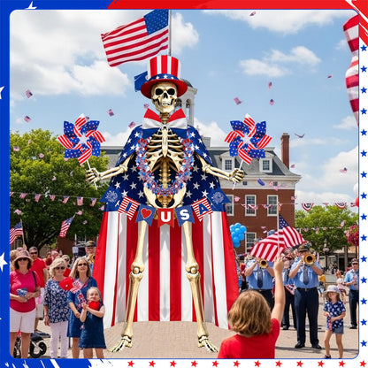 8 Pcs 4th of July 12 Ft Skeleton Costume Set Skeleton Clothes Accessories Independence Day Hat Tie Garland American Flag Cape Banner Pinwheels for 250th Anniversary Patriotic Garden Lawn Outdoor Decor