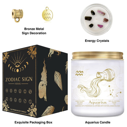 YTENTE Zodiac Sign Candles Gift, Zodiac Crystals Candles Jar,Astrology Lavender Scented Soy Stones Candles Best Friends Gifts for Women Men Sister Brother Funny Birthday Gift (Aquarius)