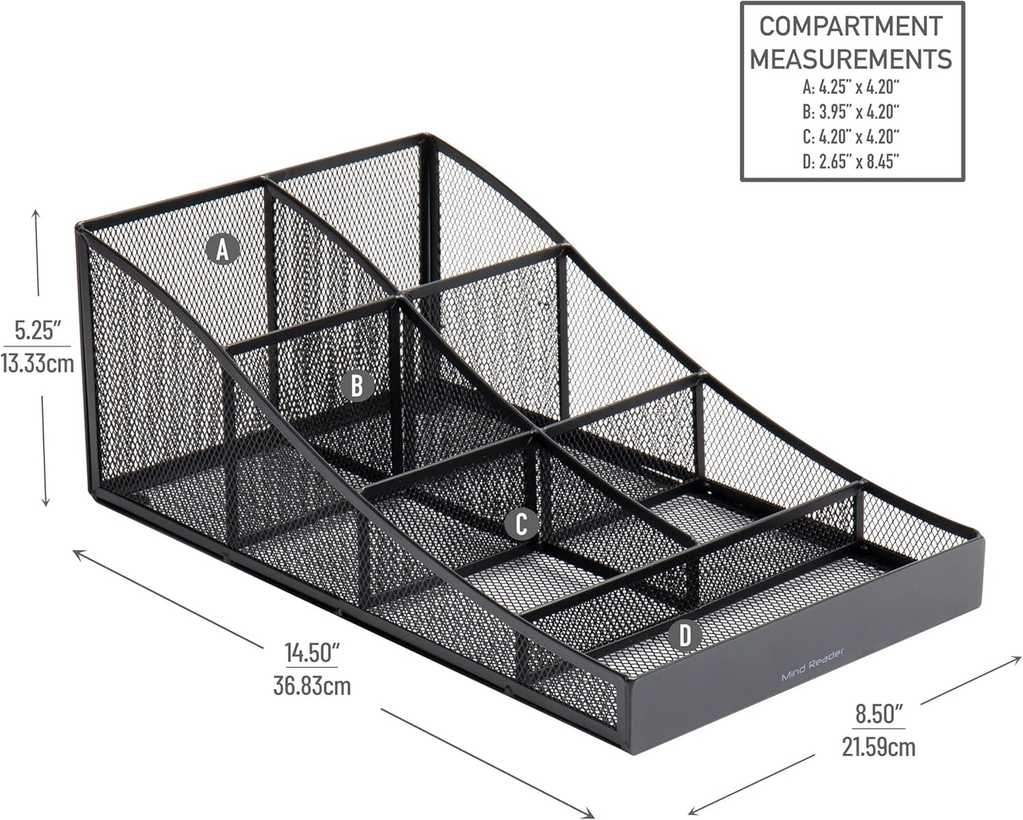Mind Reader Black Cup and Condiment Station, Countertop Organizer for Coffee Bar, Metal Mesh 8.5"L x 14.5"W x 5.25"H