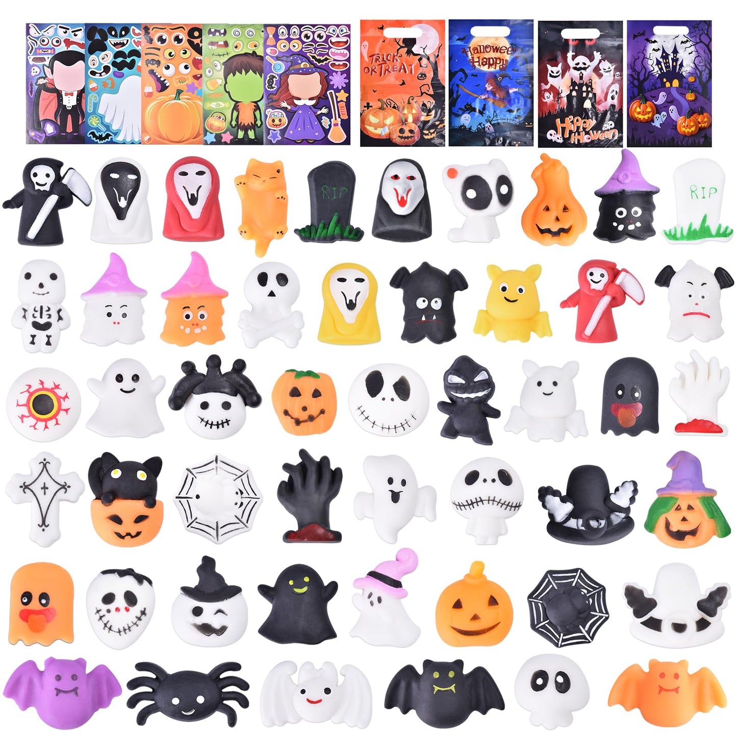 Halloween Mochi Squishy Toys for Kids Halloween Party Favors Goodie Bags Fillers Stuffers Squishies Halloween Treats Bags Gifts Squishy Fidget Toys Stress Relief Squeeze Toys Prizes for Kids