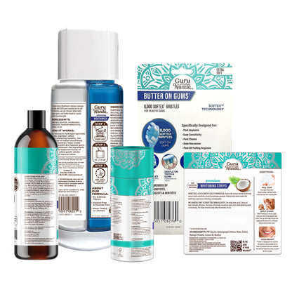 GuruNanda Total Smile Makeover Kit Regular with Cocomint Oil Pulling, Dual Barrel Whitening Mouthwash, Whitening Strips & Butter on Gums Toothbrushes