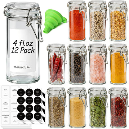 12 Pack 4 oz Set ComSaf Glass Spice Jars with Airtight Swing Top Lids, Small Clear Containers for Pantry Organization