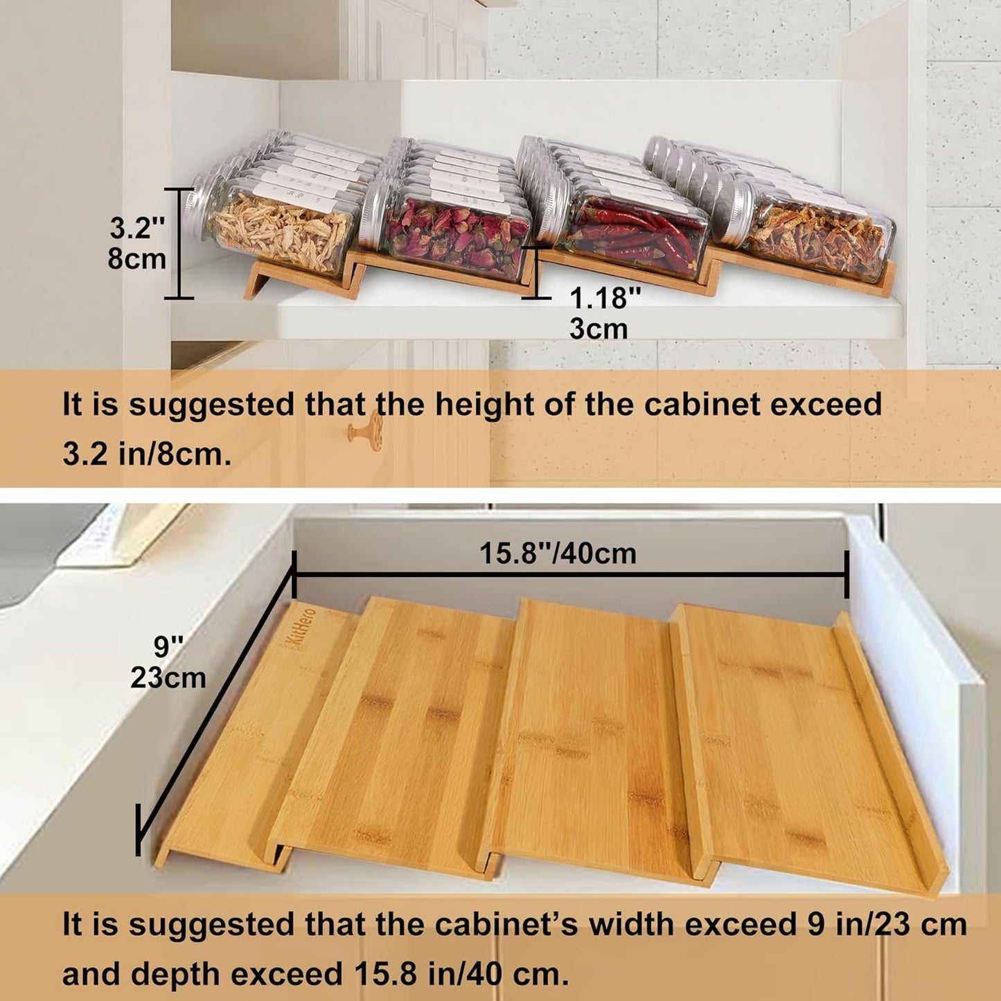 18 Jars,216 Labels,25 4 Drawers,Cabinets,Countertop,9" 15.8" Spice Drawer Organizer with Spice Non-slip Rubber, Bamboo
