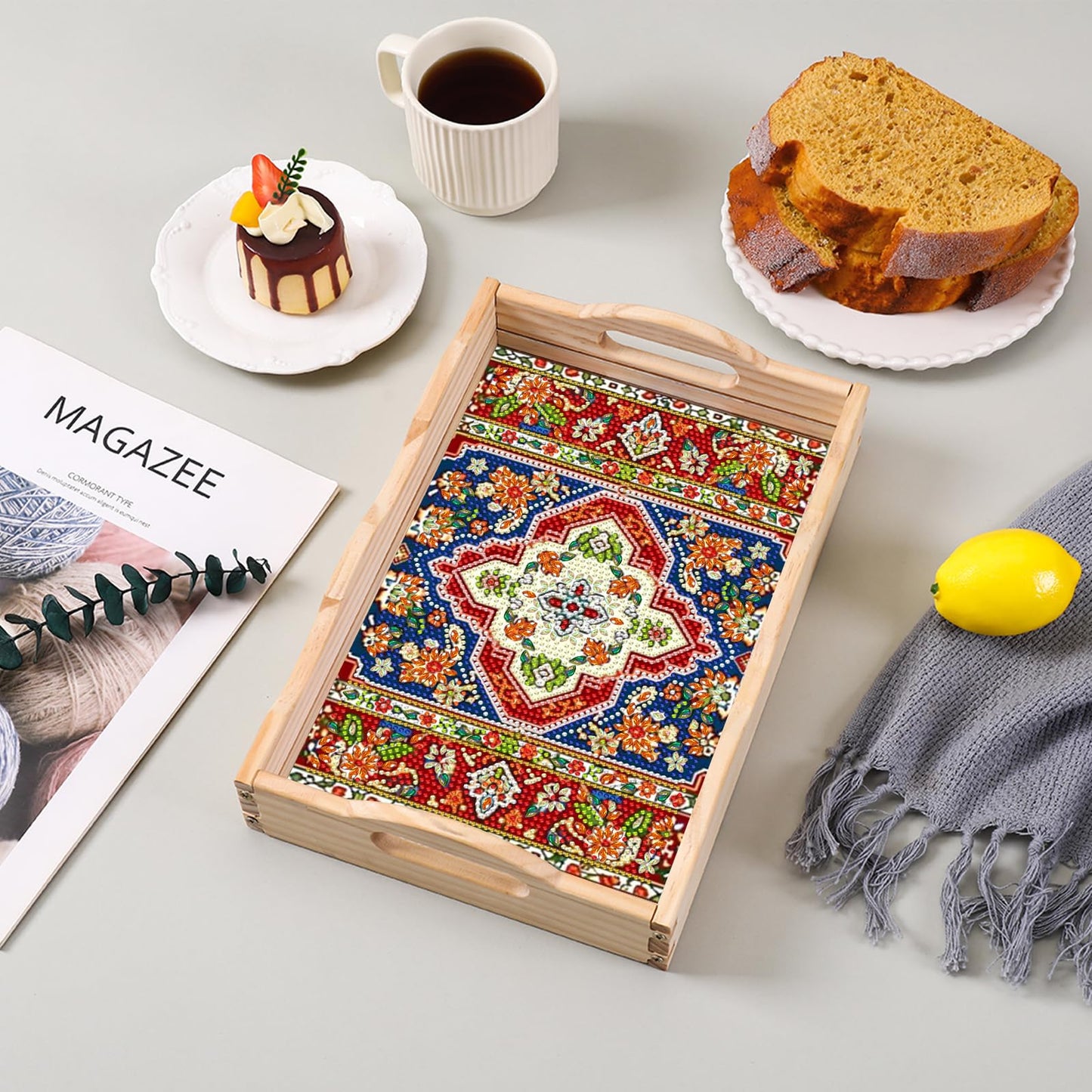 DOTSOPS 5D Diamond Art Kits for Adults Wooden Serving Tray with Handle Special Diamond Painting Plate Big Gem Dots Paint by Numbers Crafts Kits for Living Room Mandala 12 x 16 Inches