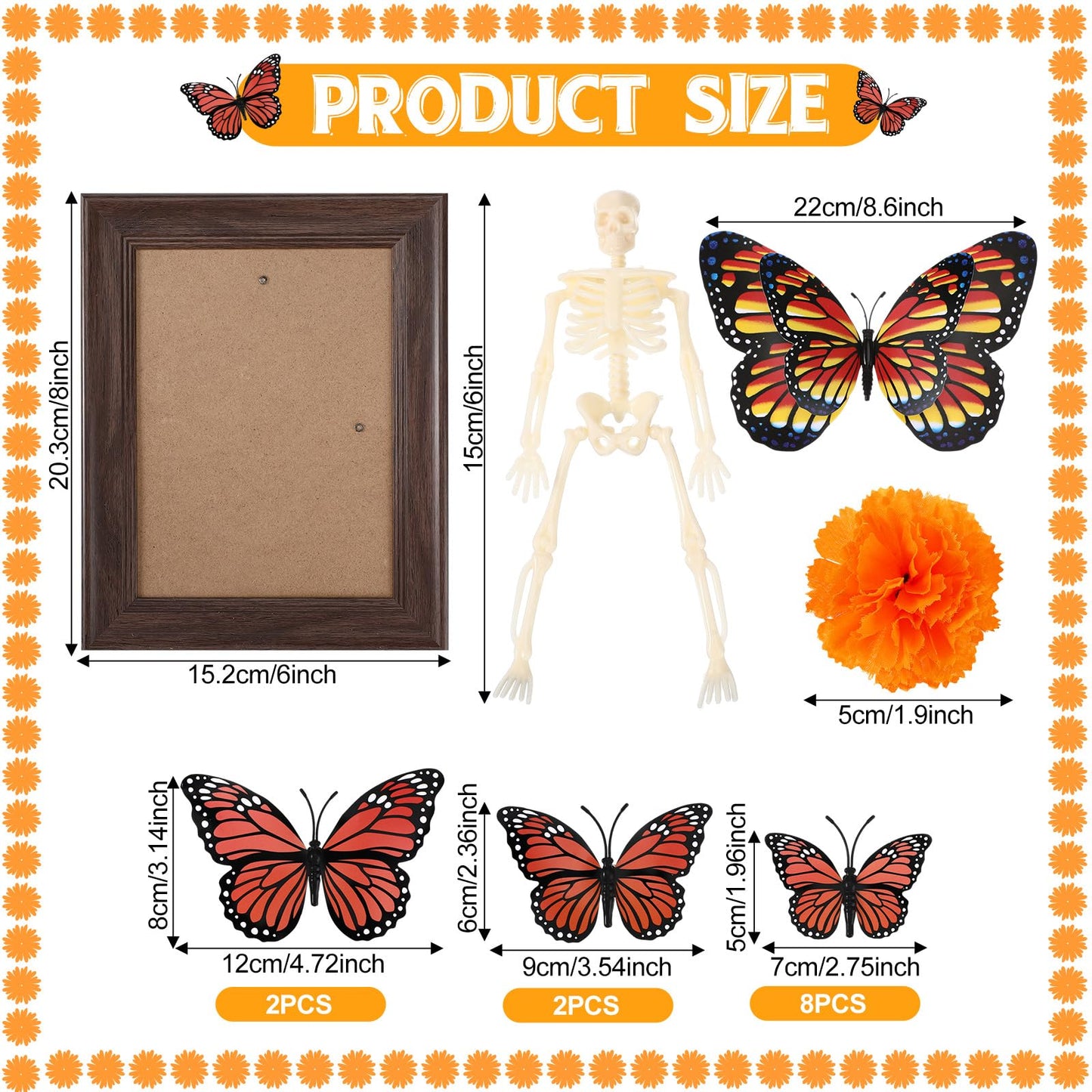 Simgoing 55 Pcs Day of The Dead Altar Decor Kit Dia De Los Muertos Ofrendas Wall Decorations 40 Marigold Flowers, 13 Monarch Butterfly, Skeleton, Photo Frame Indian Diwali Altar Remembrance Supplies