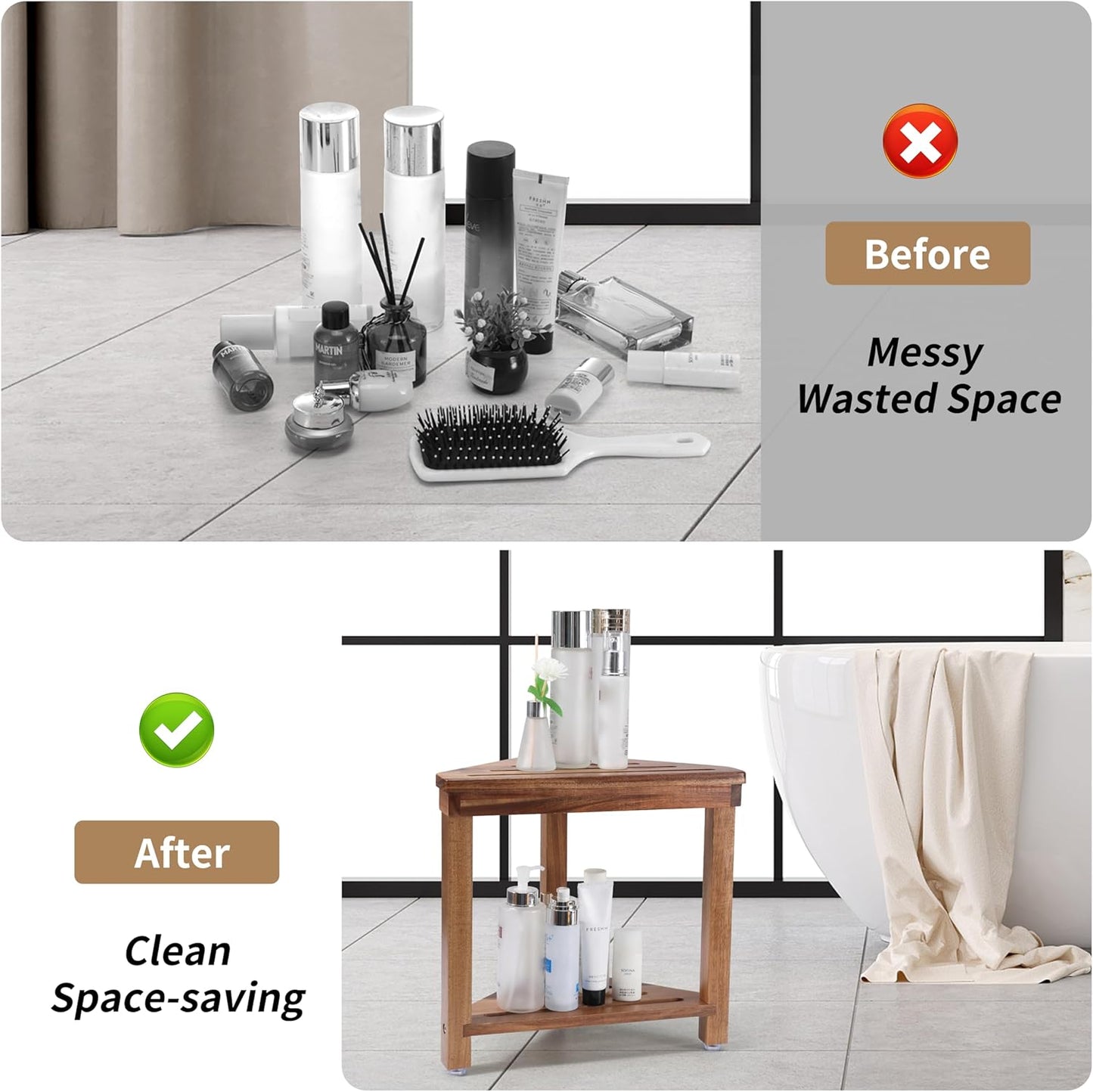 14in, Boulphia Shower Foot Rest Acacia Wood Shower Stool for Shaving Legs, Waterproof Corner Shower Stool with Storage