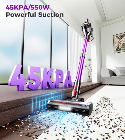 Feetis Cordless Vacuum Cleaner, 550W 45Kpa Vacuum Cleaners for Home, 60Mins Cordless Stick Vacuum with LED Display, Self-Standing & Anti-Tangle, 8-in-1 Wireless Vacuum for Carpet Pet Hair Hardfloor