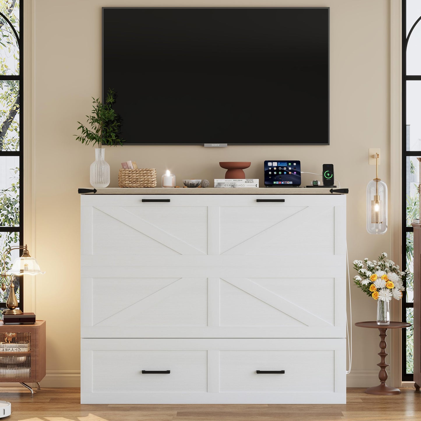 Ball & Cast Murphy Bed Full Size with Charging Station,Farmhouse Murphy Cabinet with Large Storage Drawer,Hideaway Bed Foldable Platform Bed for Guest Room, Apartment, White