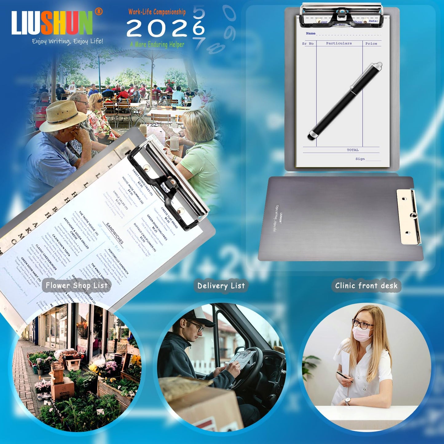 Small Aluminum Clipboard Metal A5 w/Stainless Hangable Pen Holder Low Profile Clip Board 9" x 6" Memo Message Half Letter for School Office Business Medical Workshop Factory Supplies (Grey, A5)
