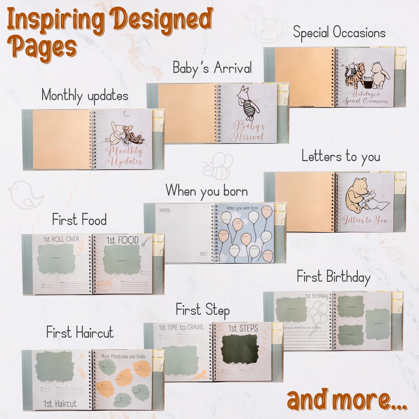 Baby Book Keepsake Memory Book (9.5”x8.5”), Hardcover Album w/Enclosed Spiral Binding, Baby Photo Albums w/Winnie the Pooh Graphics & Milestone Cards, Scrapbook Album