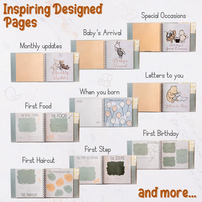 Baby Book Keepsake Memory Book (9.5”x8.5”), Hardcover Album w/Enclosed Spiral Binding, Baby Photo Albums w/Winnie the Pooh Graphics & Milestone Cards, Scrapbook Album