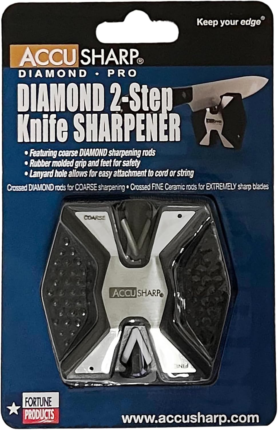 AccuSharp Diamond Pro 2-Step Knife Sharpener, Restores & Sharpens Blades, Compact & Portable Keychain Tool, Black
