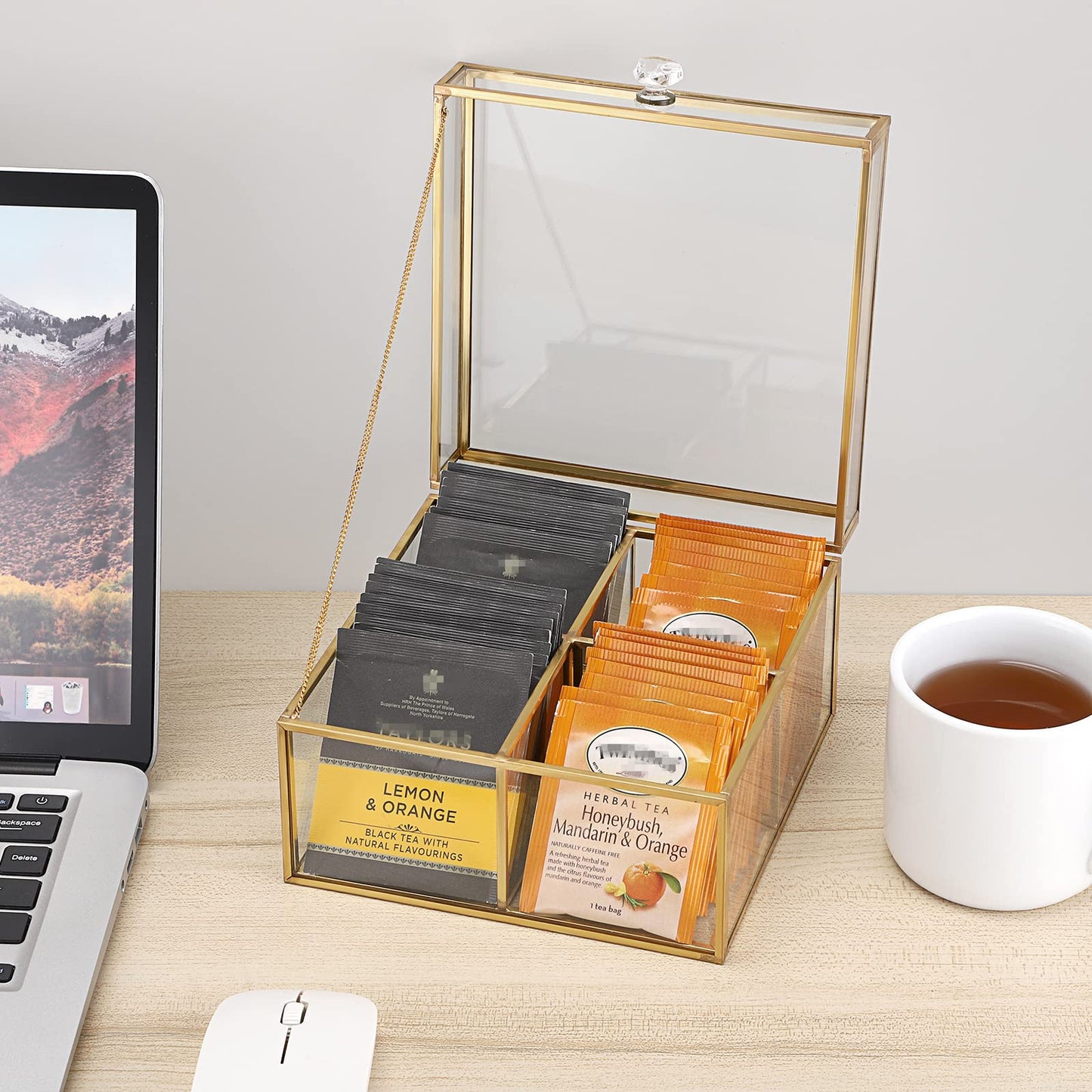 ELLDOO Gold Glass Tea Bags Box with Lid, Trinket Jewelry Box Countertop Storage for Sugar Packets Makeup Sponges Jewelry, 4 Grids, Glass Box Only