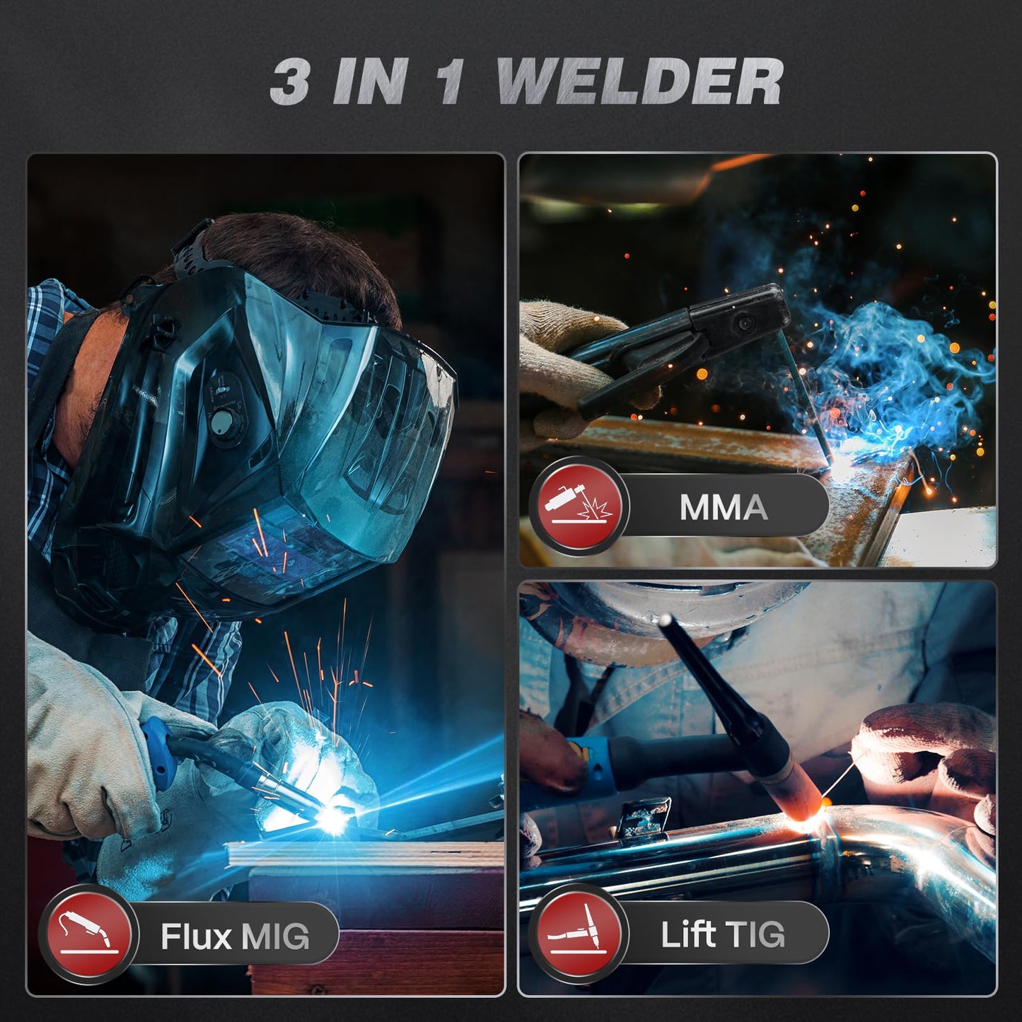 ARCCAPTAIN 130A MIG Welder, 110V Flux Core MIG Welder/Lift TIG/Stick 3 in 1 Welding Machine with Synergy, IGBT Inverter Portable Gasless Welder Equipment with Welding Gun and 2lb Welding Wire