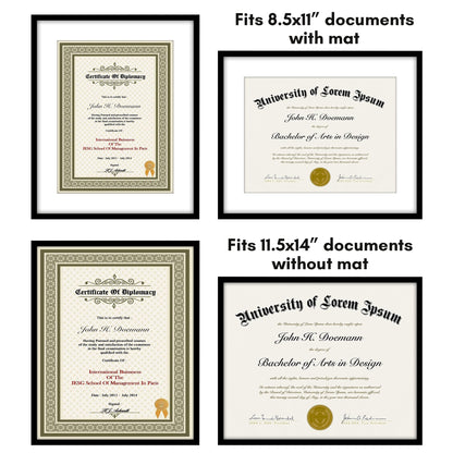 Americanflat 11.5x14 Diploma Frame with Shatter-Resistant Glass - Use as 8.5x11 Frame with Mat or Display 11.5x14 Document Without Mat - Legacy Collection - Certificate Frames for Wall - Black
