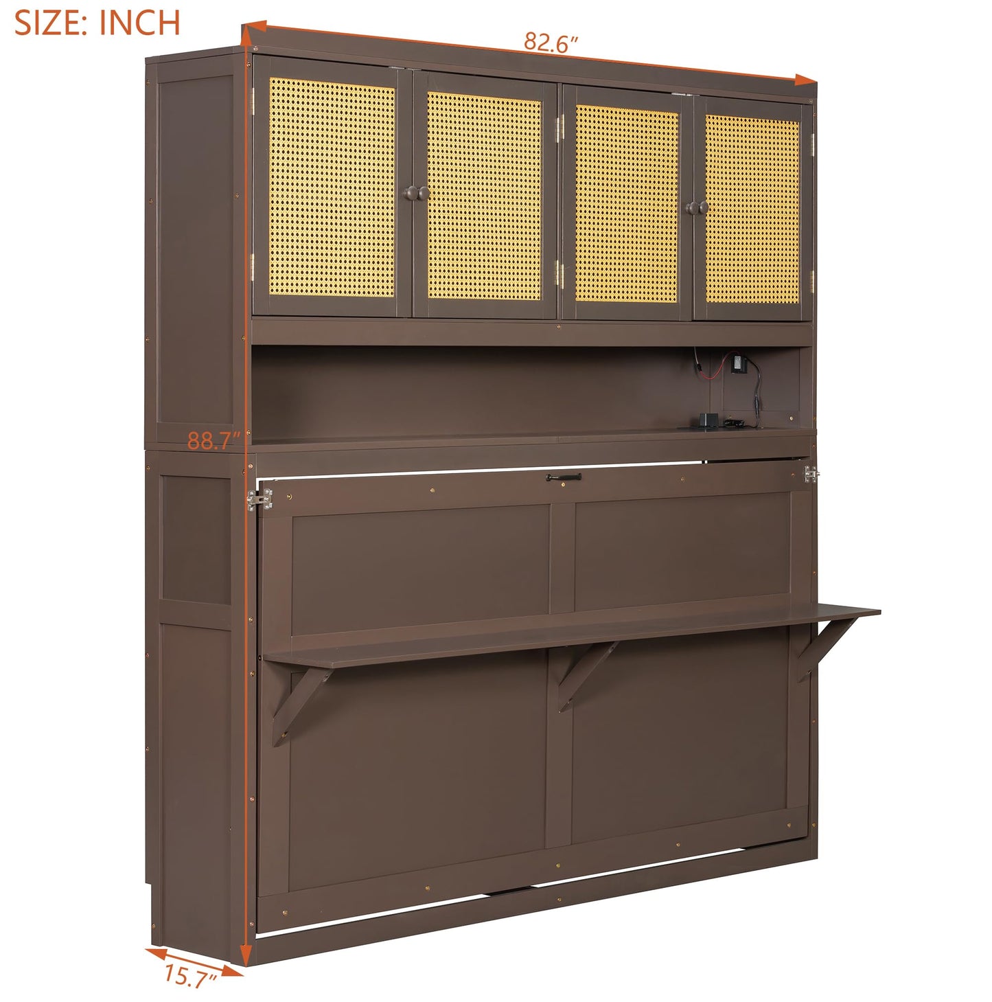 DNYN Murphy Bed Frame with Top Cabinet and LED for Bedroom/Guest/Study Room, Twin Size Wooden Foldable Wall Bed with USB Ports, Space-Saving Design & No Box Spring Needed