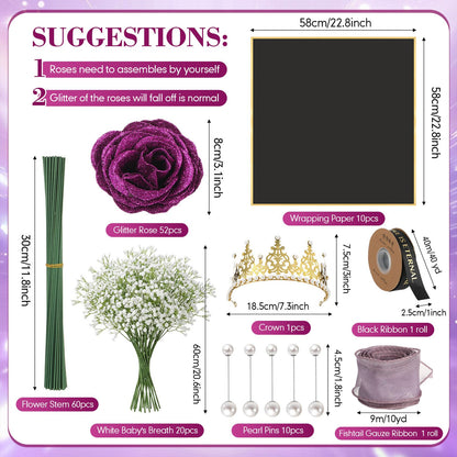 Suncalla 52 Pcs Purple Glitter Roses Bouquet DIY Kit, Large Sparkly Artificial Flowers with Crown and Wrapping Paper, Everlasting Rose Gift for Mother's Day, Graduation, Birthday, Anniversary