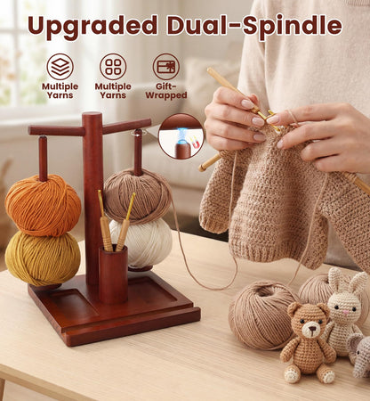 OrbitShell 2-in-1 Yarn Holder for Crocheting and Knitting, Dual Spindle Magnetic Yarn Spinner with Portable Wrist & Shoulder Strap, Wooden Yarn Minder for Home & Travel Use, Crochet Gifts for Crafters