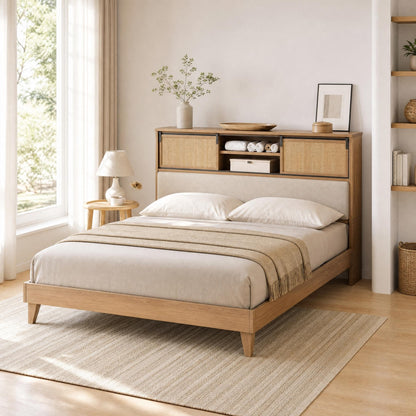 GarveeHome Full Size Solid Wood Bed Frame with Storage Shelves, Rattan Upholstered Bookcase Headboard with Sliding Doors & Adjustable Shelf, No Bos Spring Needed, Natural Solid Wood
