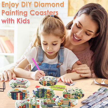 ijbnhd 8 Pcs Diamond Art Coasters Kits, Books Diamond Painting Coasters Kit with Holder, Diamonds Art Non Slip Coaster Crafts Kits for Adults Gifts 4x4 inch (Cork Wooden Pad)