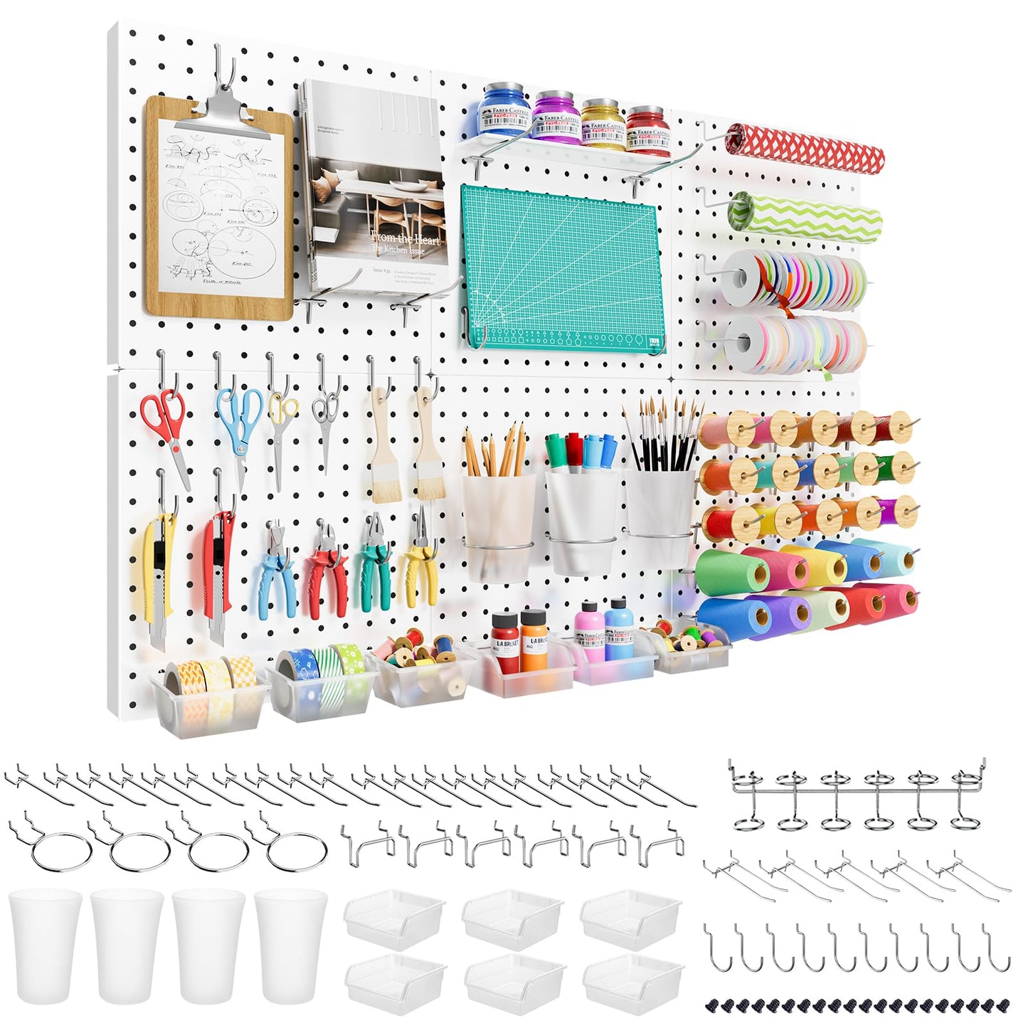 FZK Peg Board, 82PCS Metal Pegboard Wall Organizer Kit. Heavy Duty Pegboard, Peg Boards, Pegboard for Walls, White Pegboard for Garage Craft Room Workbench Office Kitchen Tool Organization, 36 * 24