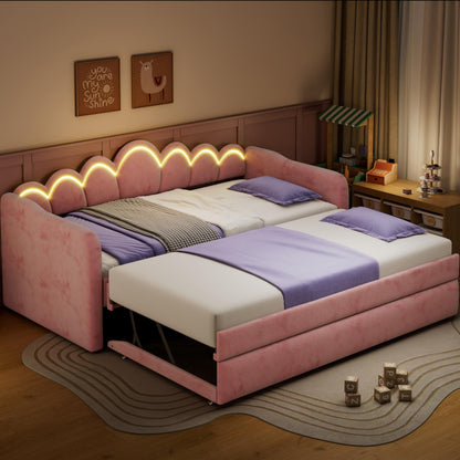 Merax Twin XL Size Upholstered Daybed with Trundle & Adjustable LED Lights, Velvet Trundle Bed, Trundle can be Flat or Erected, Sofa Day Bed for Bedroom Guest Room, No Box Spring Needed, Pink