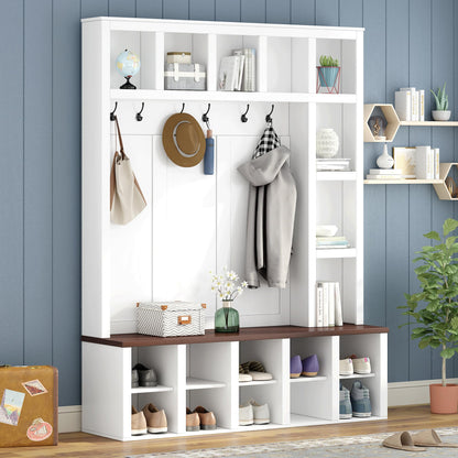 Merax Hall Tree with Bench and Shoe Storage, Farmhouse Wooden Coat Rack with 6 Hooks, Built-in 18 Open Compartments, for Entryway, Living Room, White