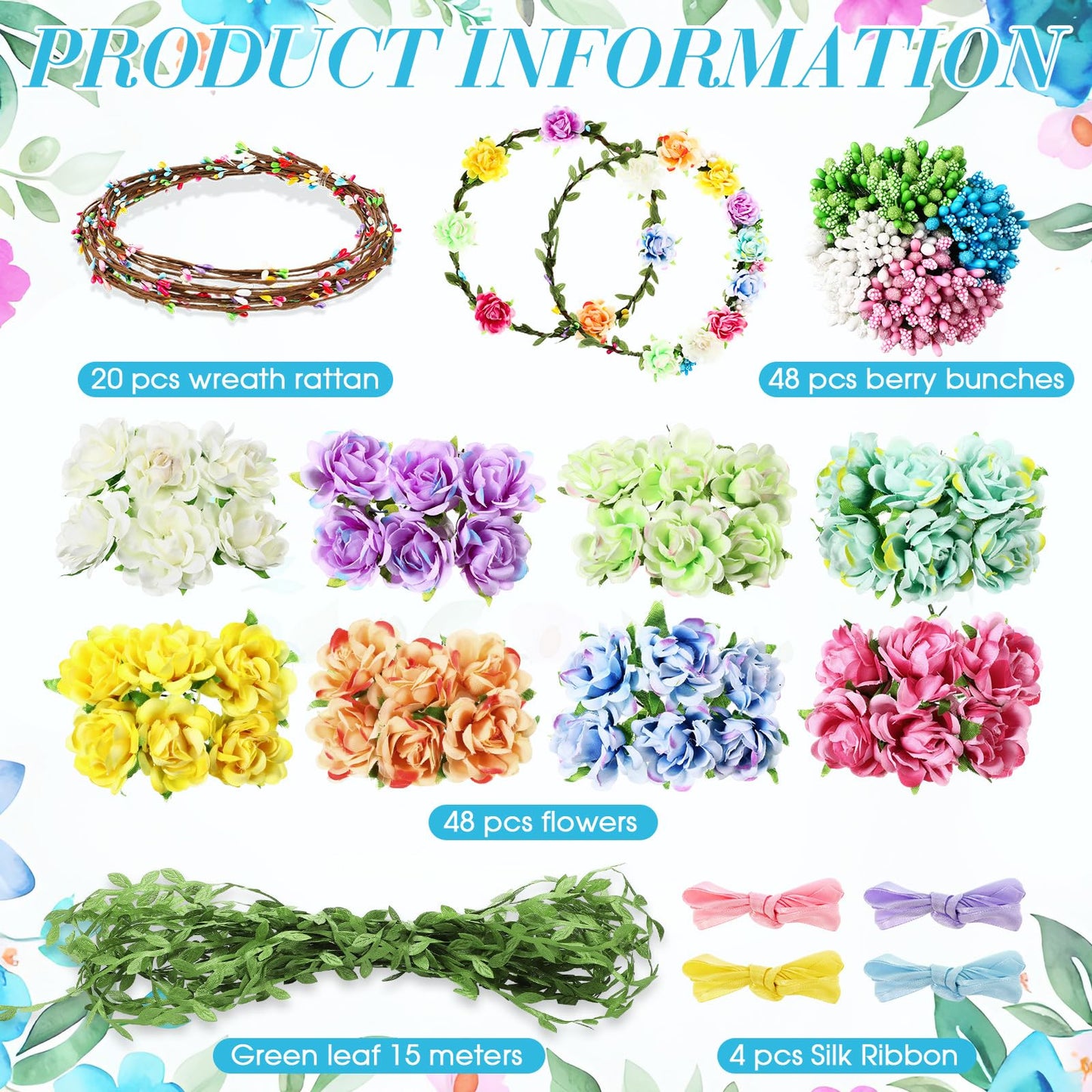 Zeyune 20 Sets Summer Tea Party Favor Flower Crowns Making Kit, Make Your Own Flower Crown Wreath Garland Headbands Craft Kit Handmade DIY Fairy Floral Hair Accessories Gift for Women(Blooming Rose)