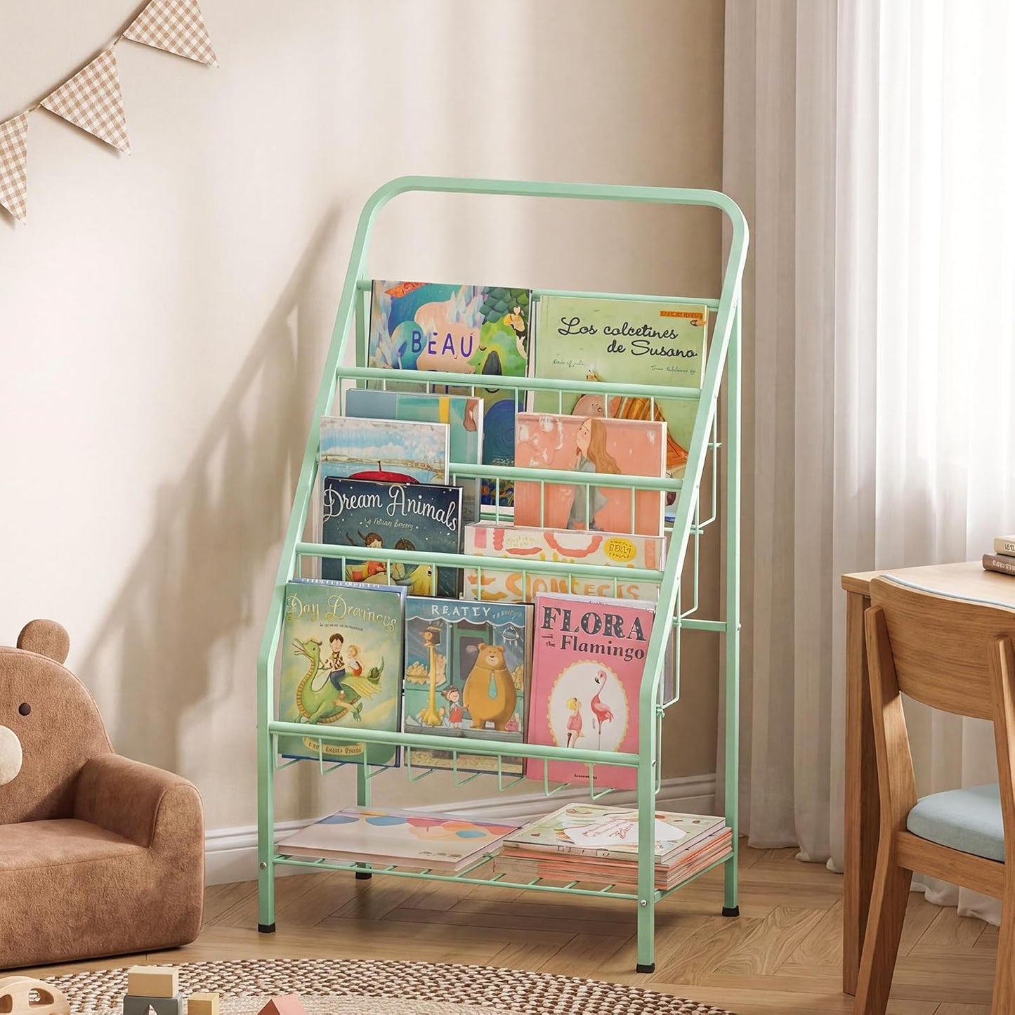 4-Tier (28.35" JAQ Green Kids Bookshelf, Metal Book Display Rack for Small Space, Child-Safe Forward Facing Toddler