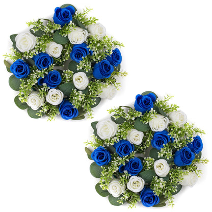 NUPTIO Flower Candle Rings for Centerpieces: 13.4 Inch Rose Wreath for Wedding Party Christmas - Royal Blue & White Wreaths for Spring Summer Front Door Porch Table Decor 2 Pcs