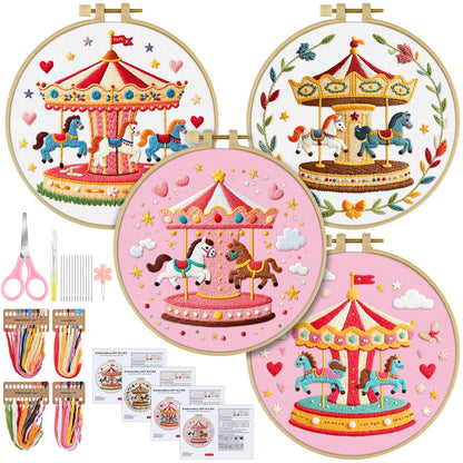 ERKOON 4 Set Embroidery Kit for Beginners, Cross Stitch Set Include Embroidery Cloth Hoops Threads for Craft Lover Hand Stitch with Embroidery Skill Techniques (Carousel)