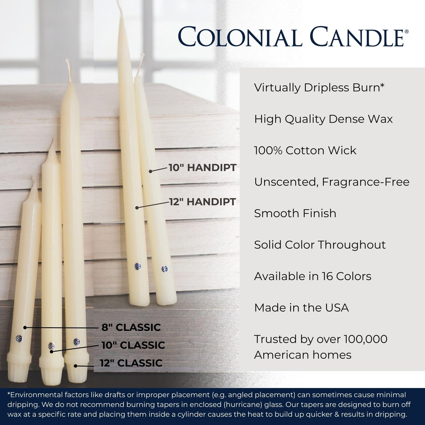 Colonial Candle Unscented Taper Candle, Classic Collection, Mulberry, 12 in, Pack of 12 - Up to 10 Hours Burn